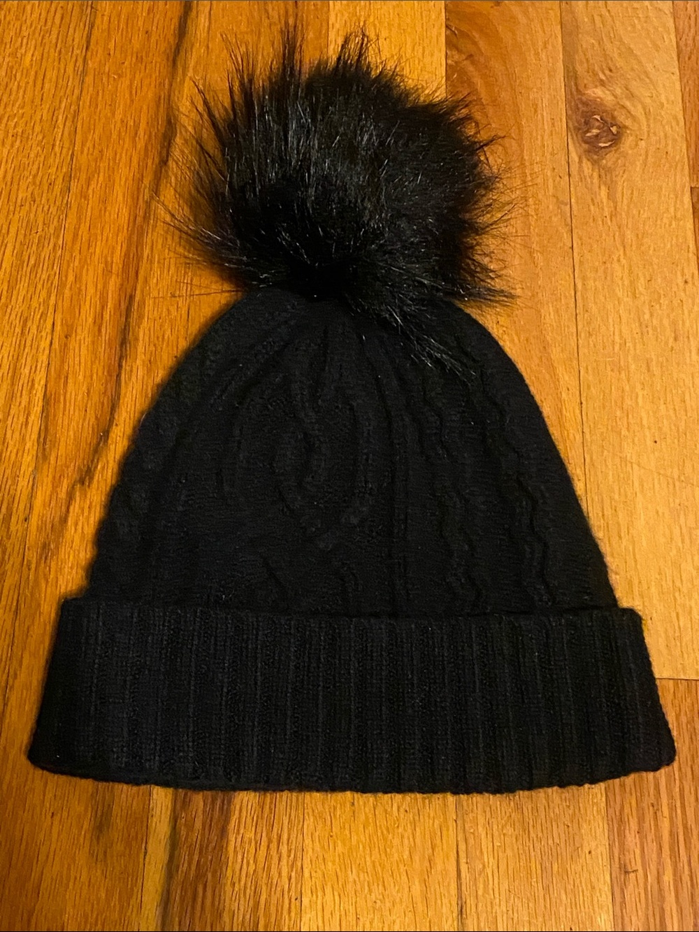 Halogen 100% Cashmere Cable Knit Hat with Black Faux Fur Pom NWOT